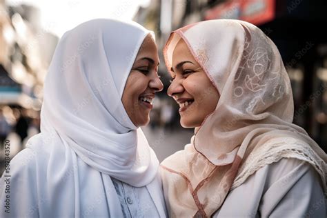 lesbians in hijab|Beautiful lesbian muslim woman in hijab kissing her girlfriend.